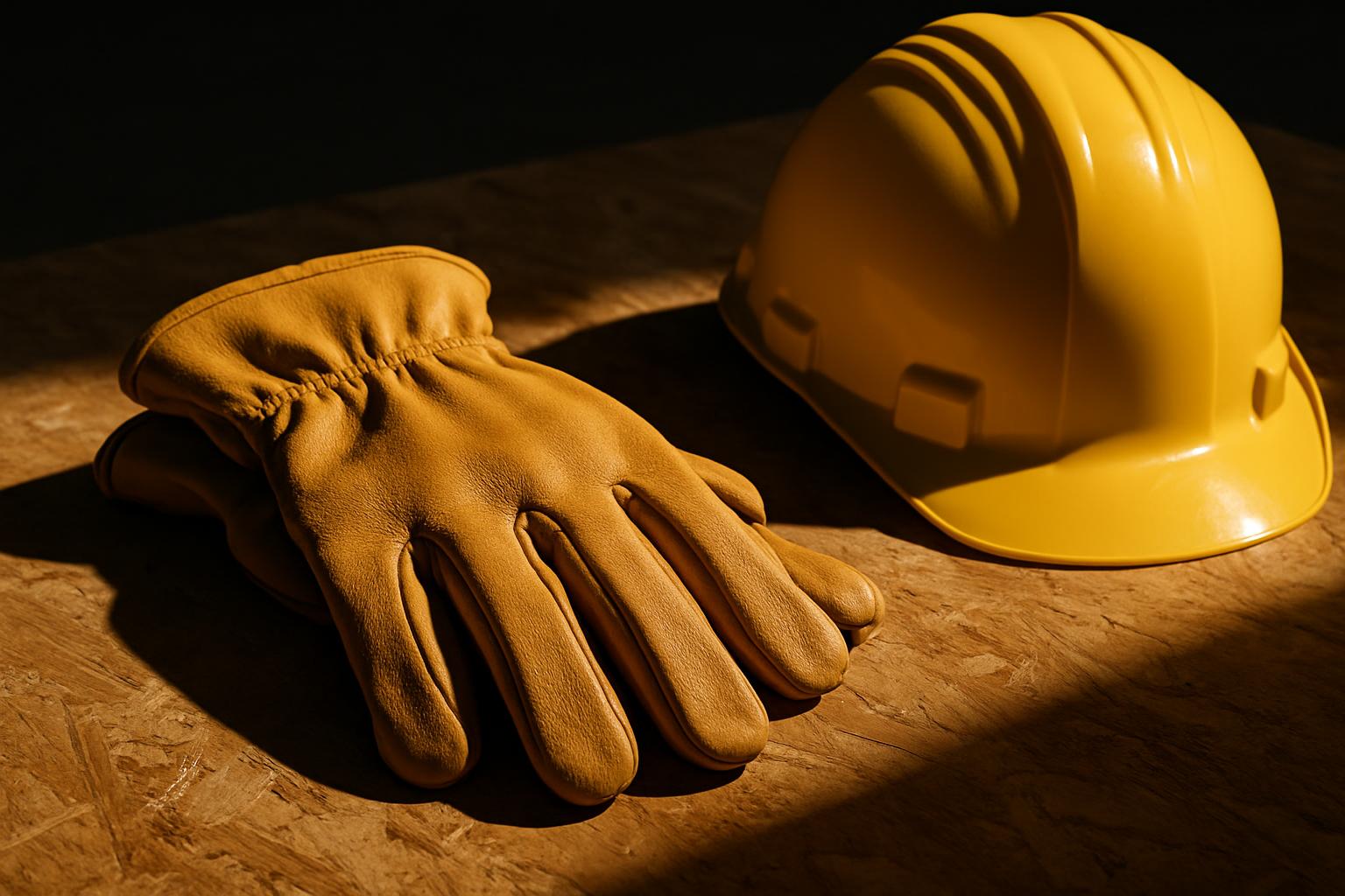 A pair of tan-colored leather work gloves, likely designed for protection, alongside a yellow hard hat, typically made of ...