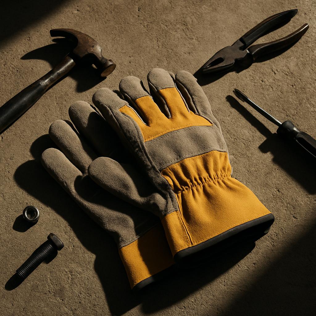 A pair of gray and yellow work gloves accompanied by a selection of tools including a hammer, pliers, screwdriver, and ass...