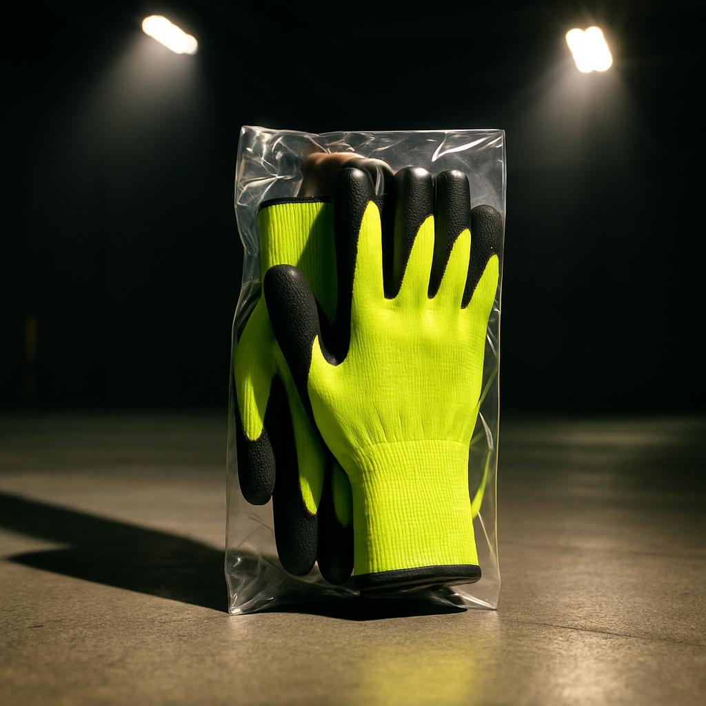 Pair of yellow and black gloves in polybag on the floor in a dark warehouse or similar setting, natural light.